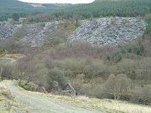 Large spoil heaps of slate appear on the hillside in a heavily wooded area. In the foreground is a small stone house, without a roof.