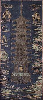A painting in portrait format on blue background. The center is occupied by an 11 storied pagoda. An image of a buddha is seen in the lowest story. The pagoda is surrounded by images of people, deities and landscape.