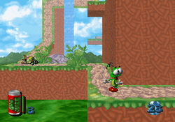 A screenshot of gameplay, showing Bug walking across linear platforms in a grassy environment.