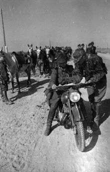 a black and white photograph of a German military motorcycle crew with several horses in the background