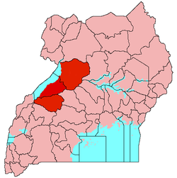 Location of  Bunyoro  (red)in Uganda  (pink)