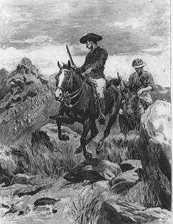 Drawing of Burnham and Bonar Armstrong soon after the shooting of the Mlimo priest in the Matopos Hills. The two men are on their horses, holding their rifles, and fleeing from the scene. Burnham looks back and sees many angry Matabele warriors running behind him in hot pursuit.