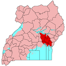Map of Uganda, with Busoga in red