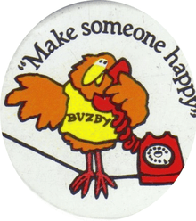 A badge featuring Buzby and his catchphrase