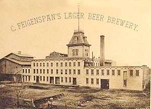 A black and white image of a factory with a steeple, a smokestack, and the caption "C. Feigenspan's lager beer brewery."