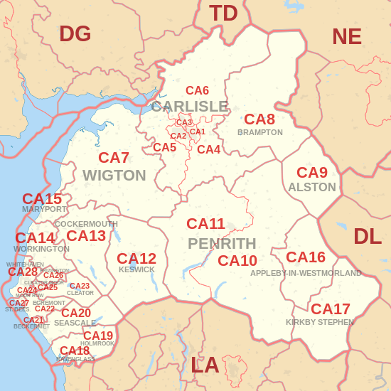 CA postcode area map, showing postcode districts, post towns and neighbouring postcode areas.