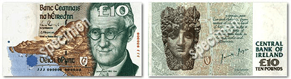 Front and back of a specimen £10 note. Joyce's face covers the right third of the front. The back has an anonymous ancient face and says 'CENTRAL BANK OF IRELAND'.