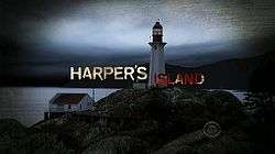 The words "Harper's Island" are separated by a lighthouse. The word Harper's is white, Island is blood red.