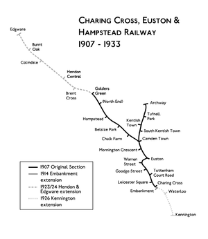 Route map of the Charing Cross, Euston and Hampstead Railway.
