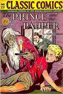Comic-book cover, with young boy menaced by a bearded, knife-wielding man