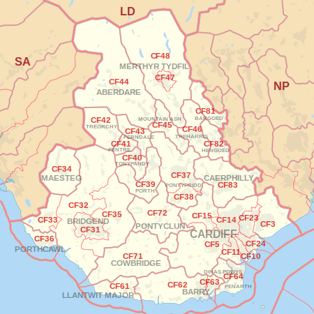 CF postcode area map, showing postcode districts, post towns and neighbouring postcode areas.