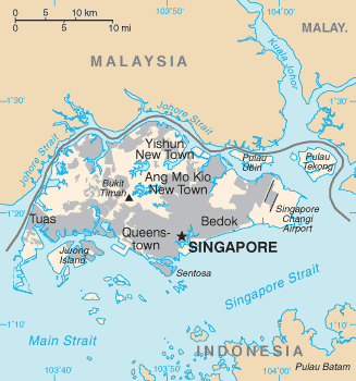 Map showing Singapore island and the territories belonging to Singapore and its neighbours