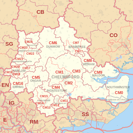 CM postcode area map, showing postcode districts, post towns and neighbouring postcode areas.