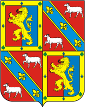 The shield from the coat of arms of the Marquis of Paraná with the arms of Neto family consisting of a golden rampant lion on an azure and red background alternating with the arms of the Carneiro family consisting of two white sheep on a red background and divided by an azure bend containing three golden fleur-de-lis