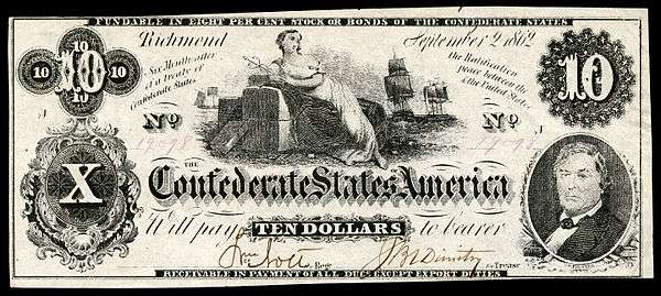 Ceres reclining on a cotton bale and holding a caduceus, on a 1861 $10 CSA banknote.