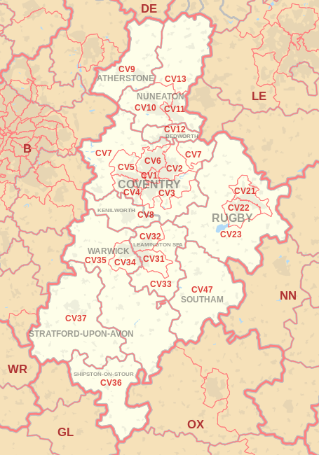 CV postcode area map, showing postcode districts, post towns and neighbouring postcode areas.