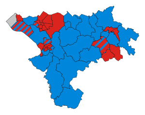 Results map for CWaC, showing Labour with most urban seats and Conservatives with most rural seats, with some seats on the edges of towns in mixed control, and an independent in Parkgate.