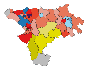 Map showing swing to Labour across the majority of wards, swing to Lib Dems across southern seats, swing to independents in Malpas and Parkgate, swing to Greens in Garden Quarter, swing to UKIP in Ellesmere Port Town.