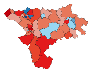Map showing swing to Labour across the majority of wards, swing to Conservatives in some areas of Ellesmere Port and Northwich, and some rural wards.