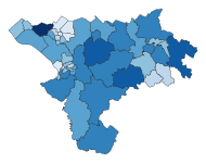Map of Conservative vote share, concentrated in rural seats and some suburbs.