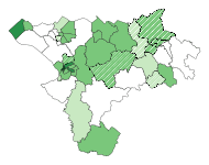 Map of Green candidates and vote share, concentrated in wards of Chester.