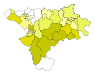 Map of Lib Dem candidates and vote share, concentrated in rural areas of southern Cheshire.