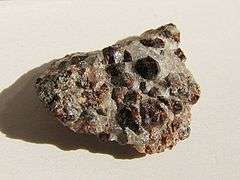 Dark red hexoctahedral crystals on light colored rock