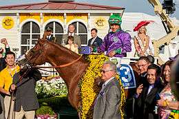 A reddish-brown racehorse with a blanket of black and yellow flowers draped across his shoulders with his jockey in the saddle and surrounded by a group of smiling people
