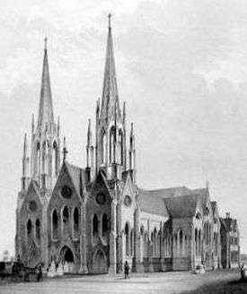 A black and white drawing of a church, similar to the cathedral, with two tall pointed towers at the front