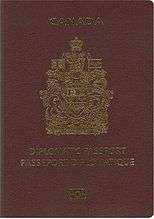 Cover of Canadian Diplomatic e-Passport.  Cover is maroon colour with a gold-coloured crest.  Text reads "CANADA" and "DIPLOMATIC PASSPORT" and "PASSEPORT DIPLOMATIQUE"
