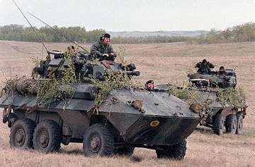 two wheeled armoured vehicles, with some tree branches used as camouflage on rolling grassland