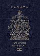 Cover of a Canadian e-Passport.  Cover is navy blue colour with a gold-coloured crest.  Text reads "CANADA" above the crest and "PASSPORT" and "PASSEPORT" below