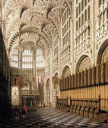 Painting of Henry VII Chapel. Wooden stalls are against one wall. The tall ceiling has decorative drop pendants. The floor has a black and white checkerboard pattern.