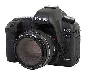 A black camera with a short lens barrel and large hand grip on the left. "Canon" is visible above the lens, and "EOS 5D" on the right.
