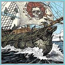 A wooden sailing ship with a crew of turtles, and a skull and roses design on the mainsail