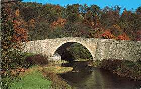 Single-arch stone bridge over river water