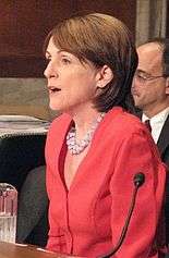 A pale-skinned woman in her early fifties is sitting behind a brown table, speaking, with a microphone and a pitcher of water. She has brown hair around the ear down to her shoulder, and is wearing a salmon-colored suit jacket with a double-strand of some kind of necklace. A balding, middle-aged man and a stack of some papers can be seen behind her.