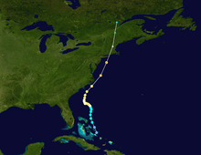 Track of Hurricane Carol, beginning near the Bahamas and ending over Canada