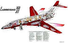 A detailed, cross-section design of an aircraft, the Carreidas 160, is shown