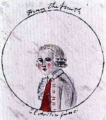 Ink drawing of a child dressed in 18th-century fashion drawn by a childish hand.