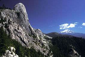 A cliff of gray serrated rock, on the left, towers above a pine forest before the distant form of a snowcapped mountain.