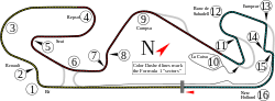 A track map of the Circuit de Barcelona-Catalunya. The track has 16 corners, which range in sharpness from hairpins to gentle, sweeping turns. There are two long straights that link the corners together. The pit lane splits off from the track on the inside of Turn 16, and rejoins the track after the start-finish straight.