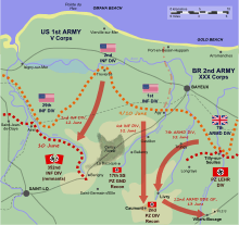 A diagram of the Caumont Gap and the advances made by the Anglo-American forces, as described in the text.