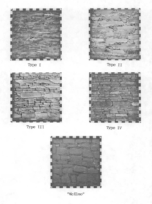 A black and white picture of several styles of sandstone masonry