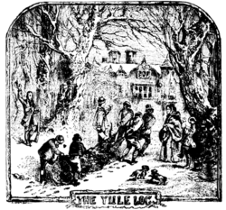Engraving of four men and two boys dragging a large log through the snow on a path between trees towards a big house. They are surrounded by a man on one side, and a woman with a boy on the other side. The man and the boy are cheering at them. All are dressed according to British fashion of the 19th century.