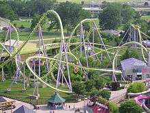 Aerial photo of green-and-purple roller coaster