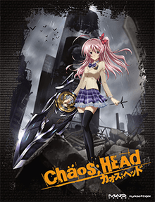 The anime's cover features a stylized young woman standing among rubble in a city environment, carrying a futuristic sword-like weapon. She has pink hair, and wears a school uniform consisting of a beige top and a plaid skirt. The logo, saying "Chäos;HEAd" in orange text, is displayed on a tilted angle near the woman's feet.