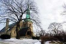 Exterior view of the Chapel of St. James-the-Less Anglican Church in winter