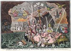 A group of naked British Whig politicians, including three Grenvilles, Sheridan, St. Vincent, Moira, Temple, Erskine, Howick, Petty, Whitbread, Sheridan, Windham,and Tomline, Bishop of Lincoln, crossing the river Styx in a boat named the Broad Bottom Packet. Sidmouth's head emerges from the water next to the boat. The boat's torn sail has inscription "Catholic Emancipation" and the centre mast is crowned with the Prince of Wales feathers and motto "Ich Dien". On the far side the shades of Cromwell, Charles Fox and Robespierre wave to them. Overhead, on brooms, are the Three Fates; to the left a three-headed dog. Above the boat three birds soil the boat and politicians.