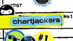 The word "chartjackers" written in a black, bold font within a large, cyan speech bubble against a bright yellow background.